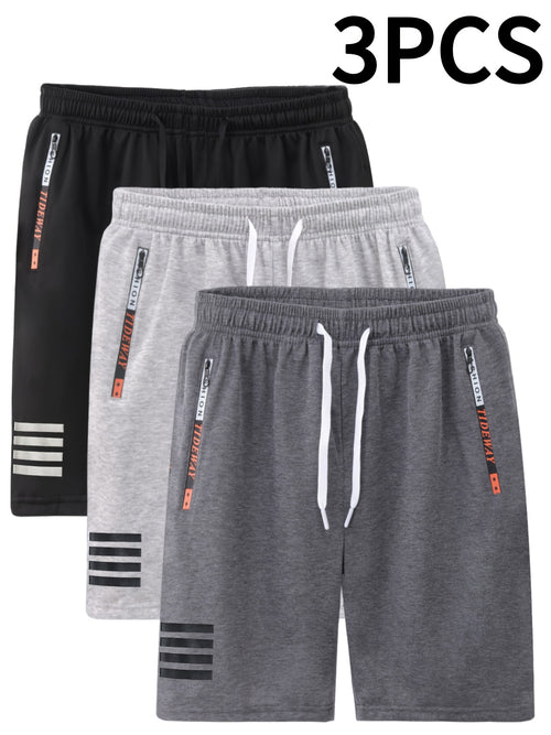 3pcs Men'S Casual Outdoor Shorts with Drawstring Waist and Zipper Pockets | Comfortable Fabric, Ideal for Running, Fitness, Travel, and Indoor/Outdoor Activities, Machine Washable, Eye-Catching Print Design, Perfect Gift